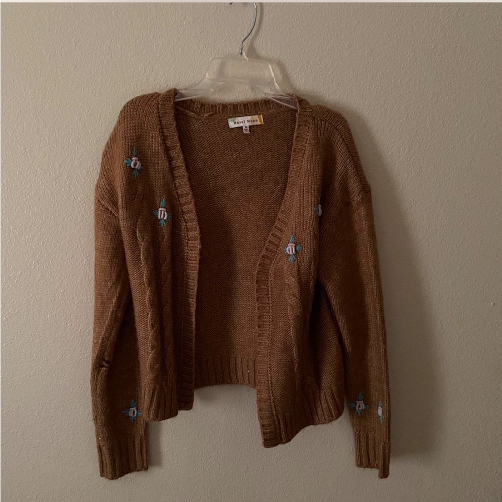 Brown Knit Sweater with Embroidered Details